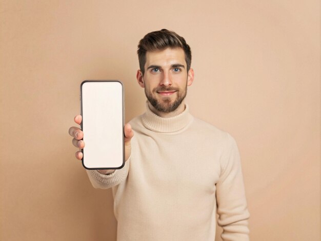 Photo a man is holding a mobile phone and showing a blank white screen