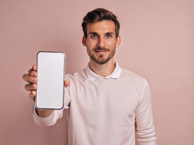 Photo a man is holding a mobile phone and showing a blank white screen