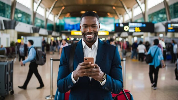 a man is holding a phone in an airport with a sign behind him