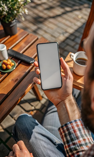 a man is holding a phone in his hand and the other hand is holding it