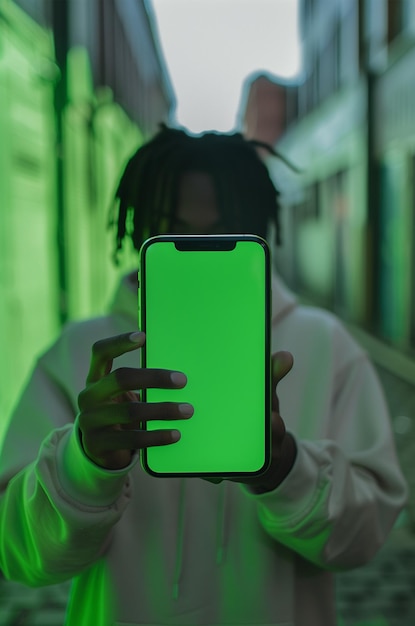 a man is holding a phone with a green light on it