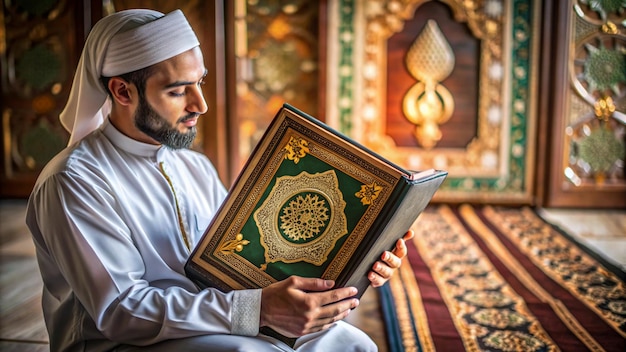 a man is holding a piece of paper with a green and gold design