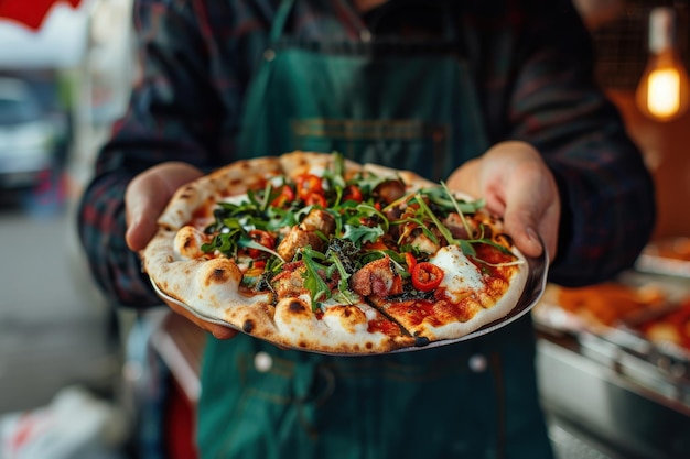 Photo a man is holding a pizza with a green apron on generative ai image