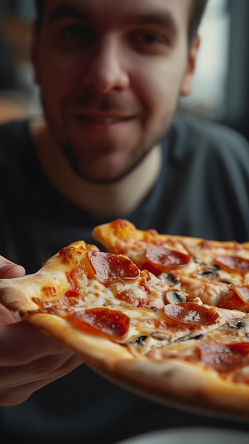 a man is holding a pizza with pepperoni on it