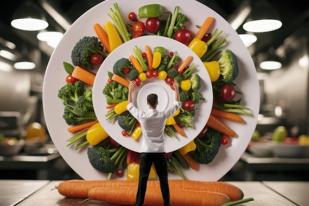 Photo a man is holding a plate with a cartoon character holding a carrot