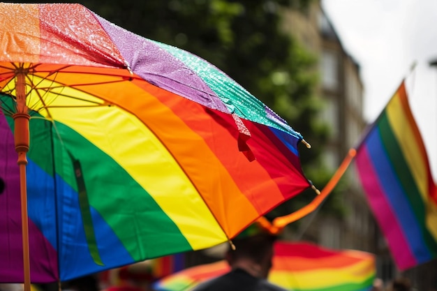 a man is holding a rainbow colored umbrella in the street