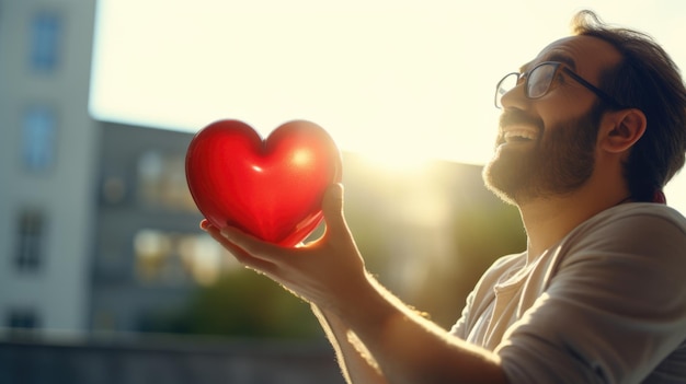 A man is holding a red heart in his hand