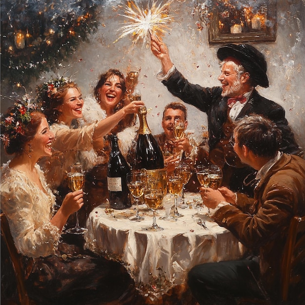 Photo a man is holding a sparkler with a woman in a hat and a champagne bottle