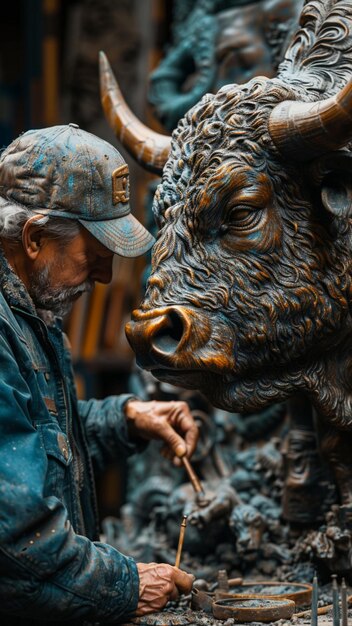 Photo a man is holding a stick and a bull statue with the number 12 on it