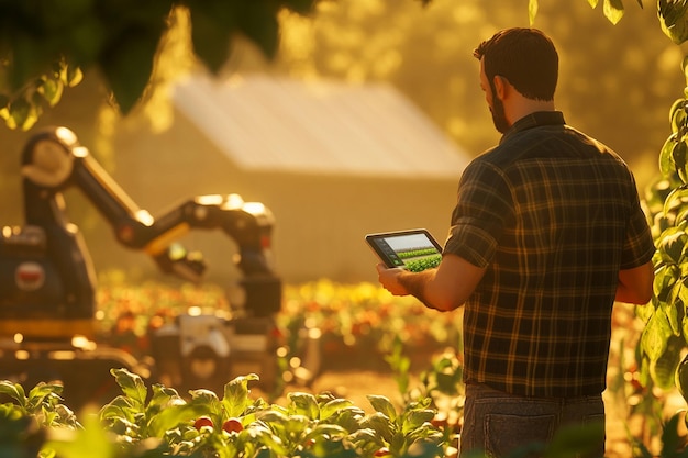 Photo a man is holding a tablet in front of a plant with a man on it