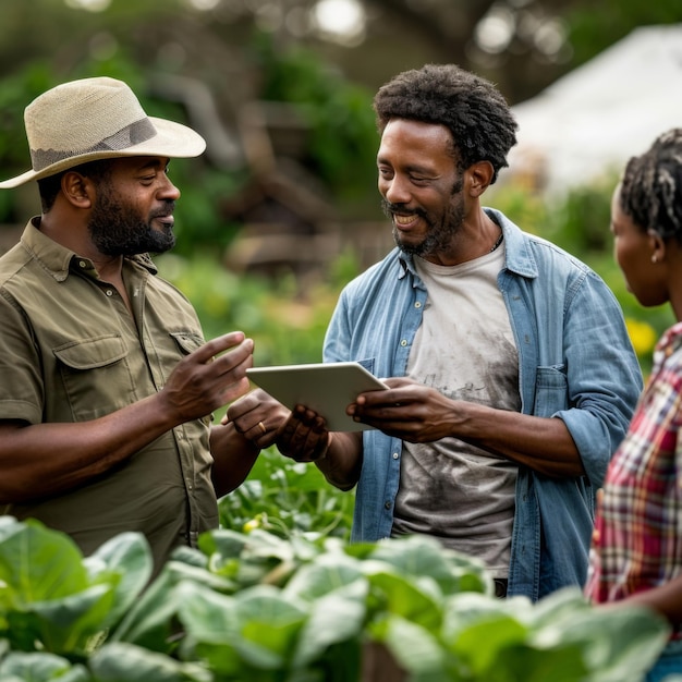 a man is holding a tablet with a group of people in the background