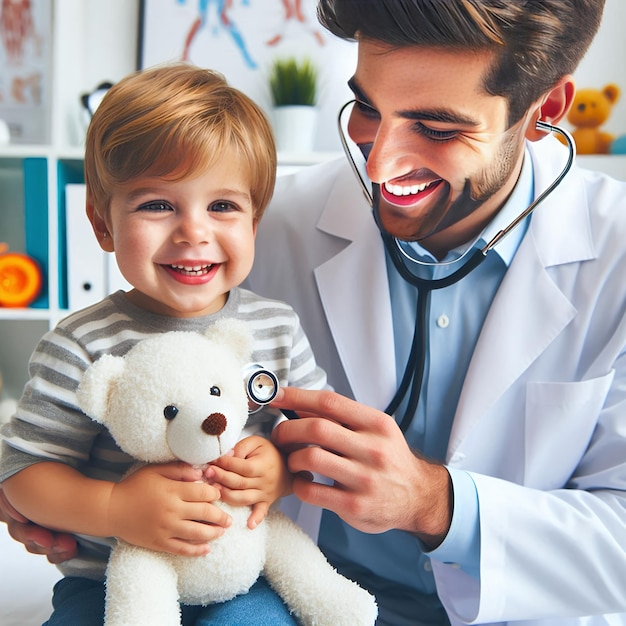 Photo a man is holding a teddy bear and smiling with a stethoscope around his neck