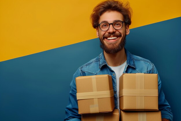 Photo a man is holding three boxes and smiling