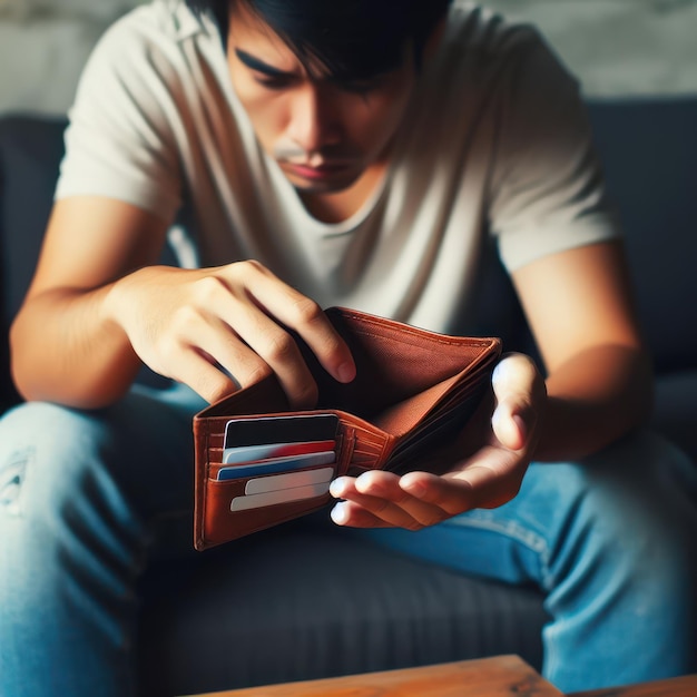 a man is holding a wallet that has a credit card in his hand