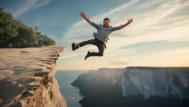 Photo a man is jumping over a cliff and the ocean is flying above him