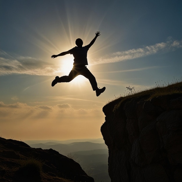 Photo a man is jumping over a cliff and the ocean is flying above him