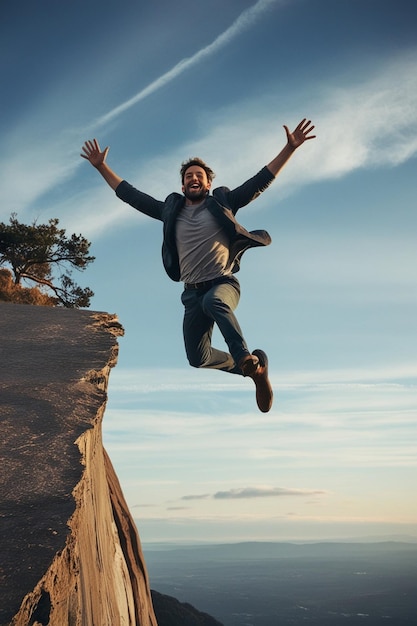 Photo a man is jumping over a cliff and the ocean is flying above him