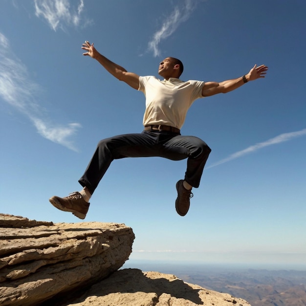 Photo a man is jumping over a cliff and the ocean is flying above him