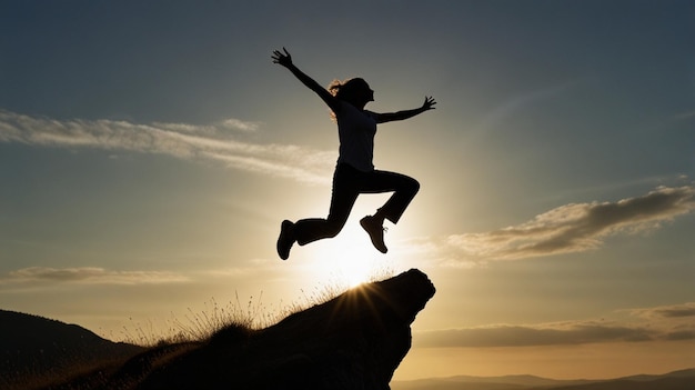 Photo a man is jumping over a cliff and the ocean is flying above him