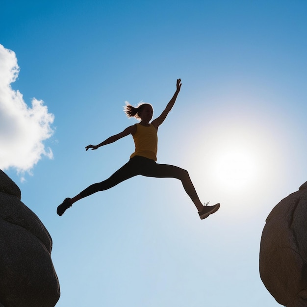 Photo a man is jumping over a cliff and the ocean is flying above him