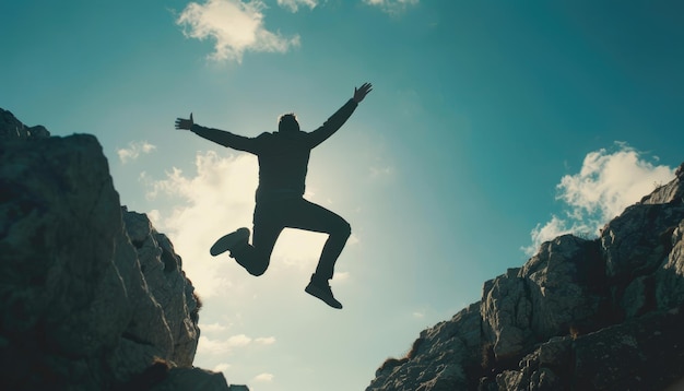 A man is jumping over a cliff with his arms outstretched by ai generated image