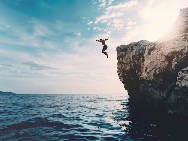 Photo a man is jumping into the water from a cliff