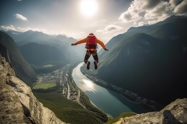 A man is jumping off a cliff with a view of a valley below.