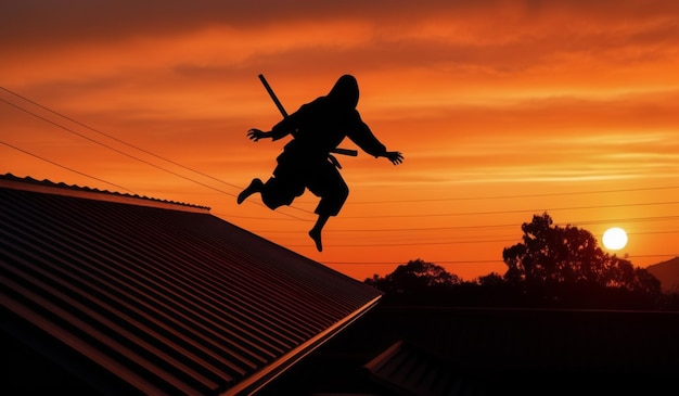 A man is jumping on a roof with a sword in his hand