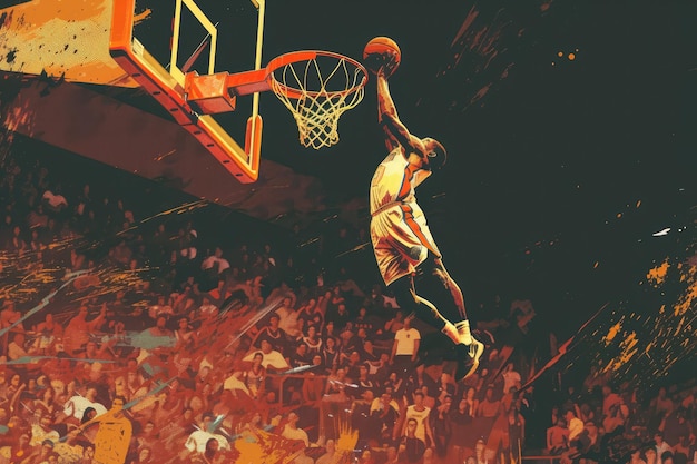 Photo man is jumping up in the air to dunk basketball basketball player soaring through the air for slam dunk the crowd roaring with excitement