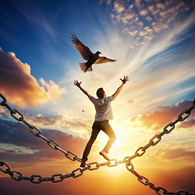 Photo a man is jumping with a bird on his chest and the man is jumping over a chain that has a bird on it