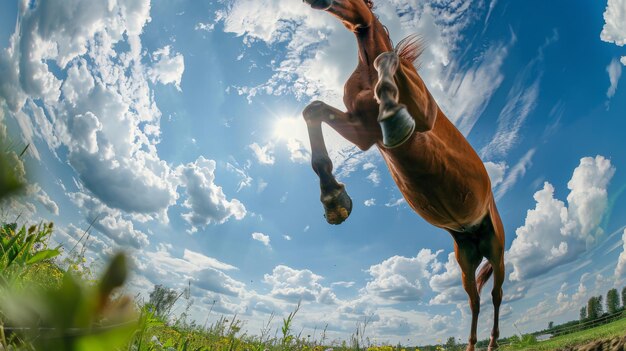 Photo a man is jumping with a horse in the air