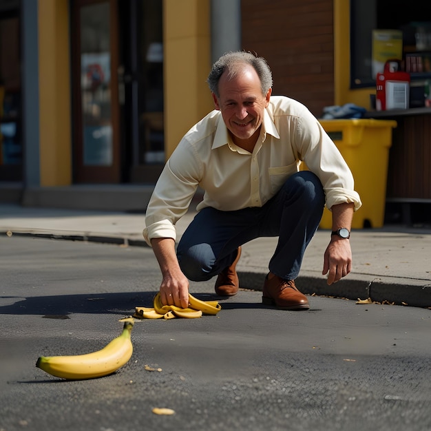 a man is kneeling down next to a banana that is on the ground