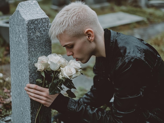 Photo a man is kneeling down in front of a grave marker and placing a white rose on it