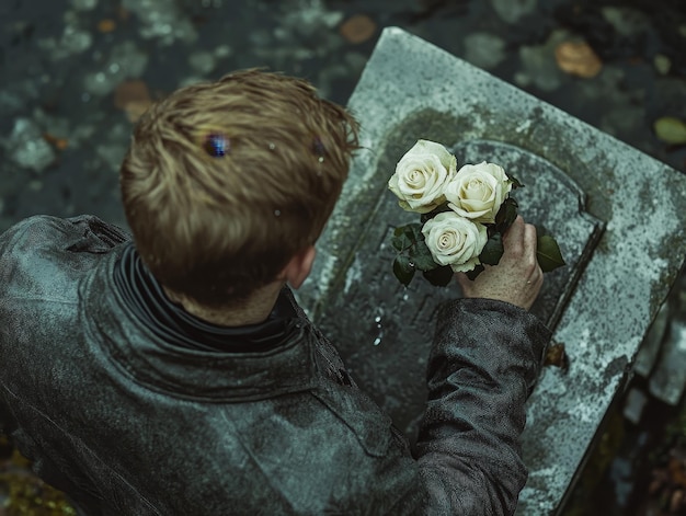 Photo a man is kneeling down in front of a grave marker and placing a white rose on it