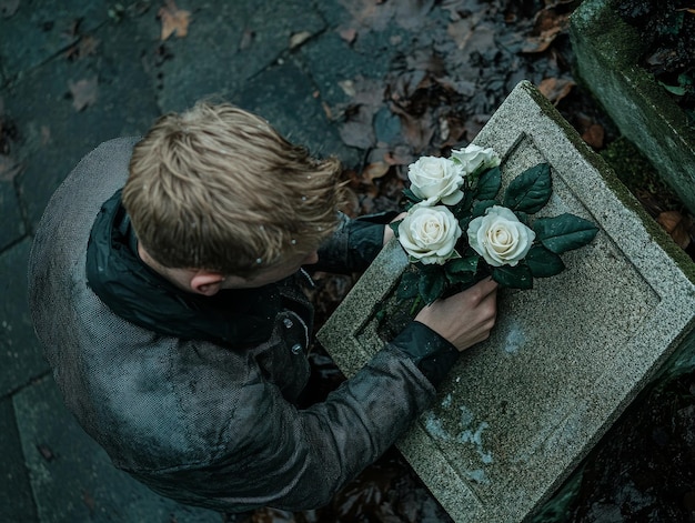 Photo a man is kneeling down in front of a grave marker and placing a white rose on it