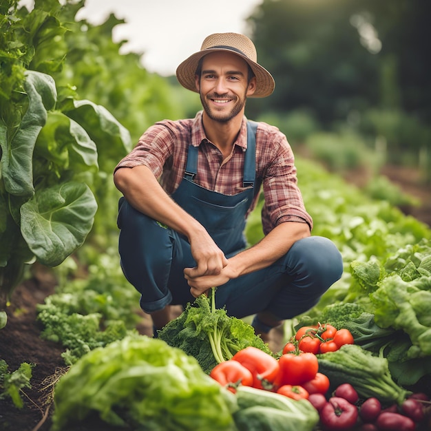 a man is kneeling in a field of vegetables and smiling