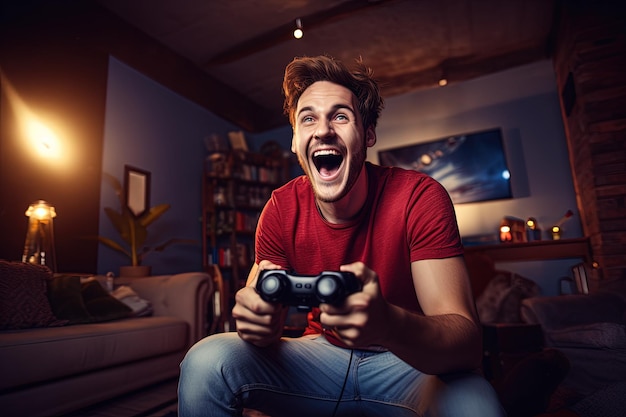 A man is laughing while playing a video game