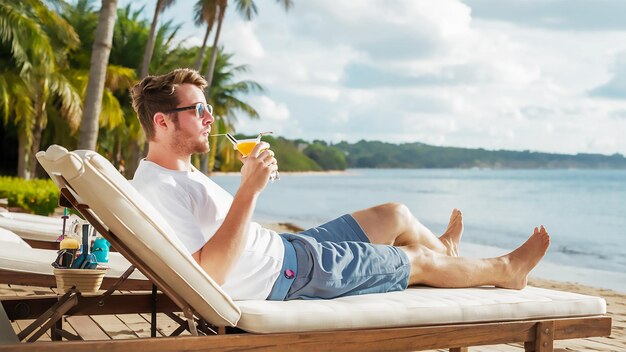 a man is laying on a couch with a drink and a palm tree