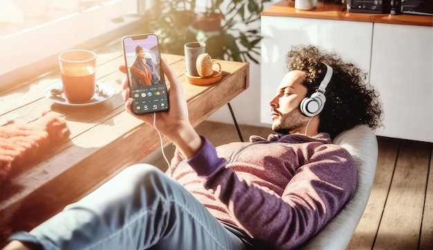 Photo a man is laying on a couch with a tablet in his hand