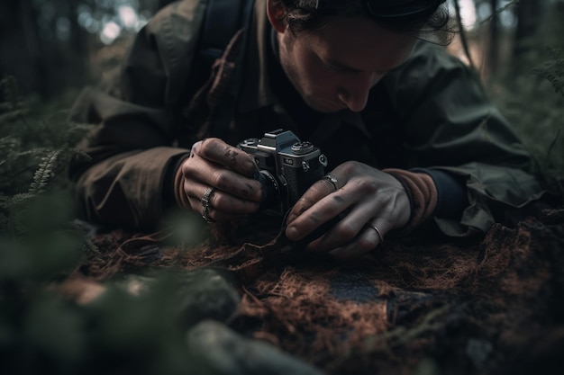 A man is laying on the ground and holding a camera.