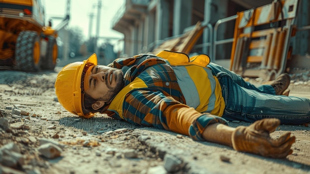 Photo a man is laying on the ground with a yellow vest on