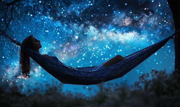 Photo a man is laying in a hammock with the stars in the sky