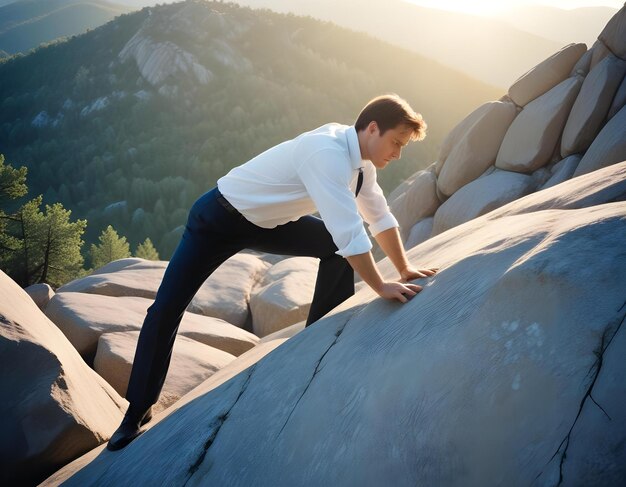 a man is leaning over a rock wall and touching his hand