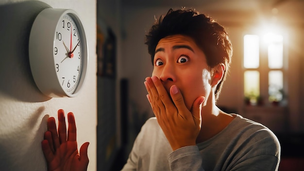 a man is licking his mouth with a clock showing the time as 4 00