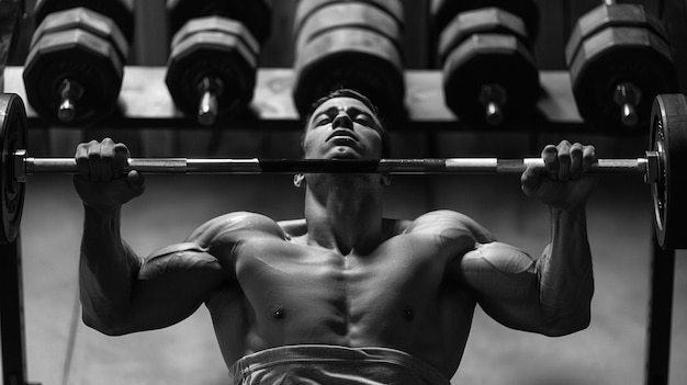 a man is lifting a barbell with weights in front of him