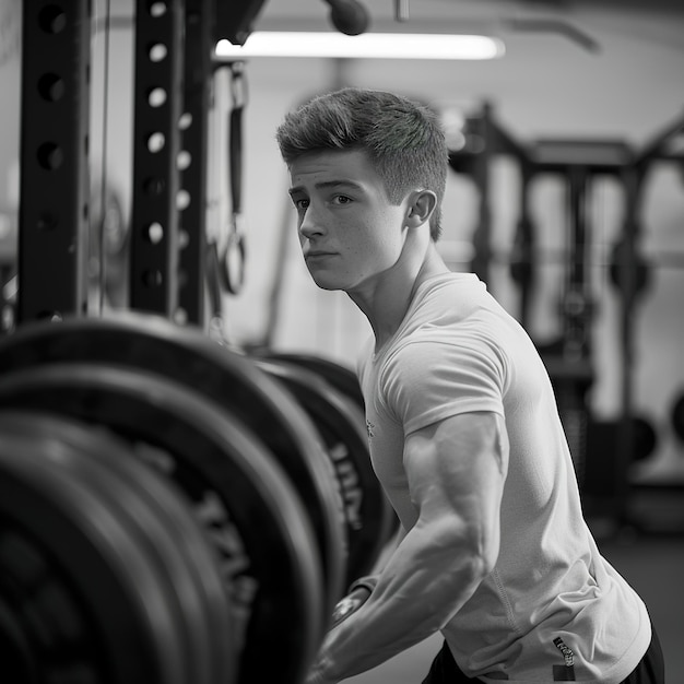 a man is lifting weights in a gym with the word  on it