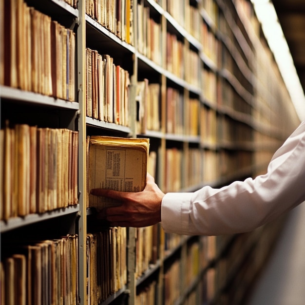 a man is looking at a book in a library