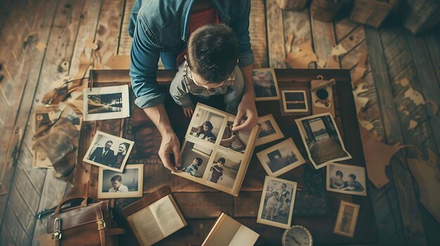 a man is looking at a book that has a picture of a boy and a boy with a book on it