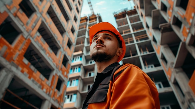 The man is looking at the camera in a construction uniform