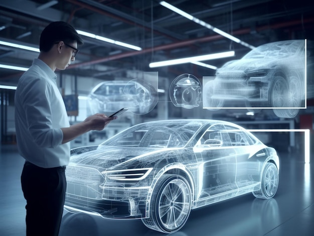 A man is looking at a car in a garage with a digital image of a car in the background.